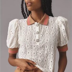 Maeve Women's White Eyelet Knit Polo Top with Pink-Trim Collar